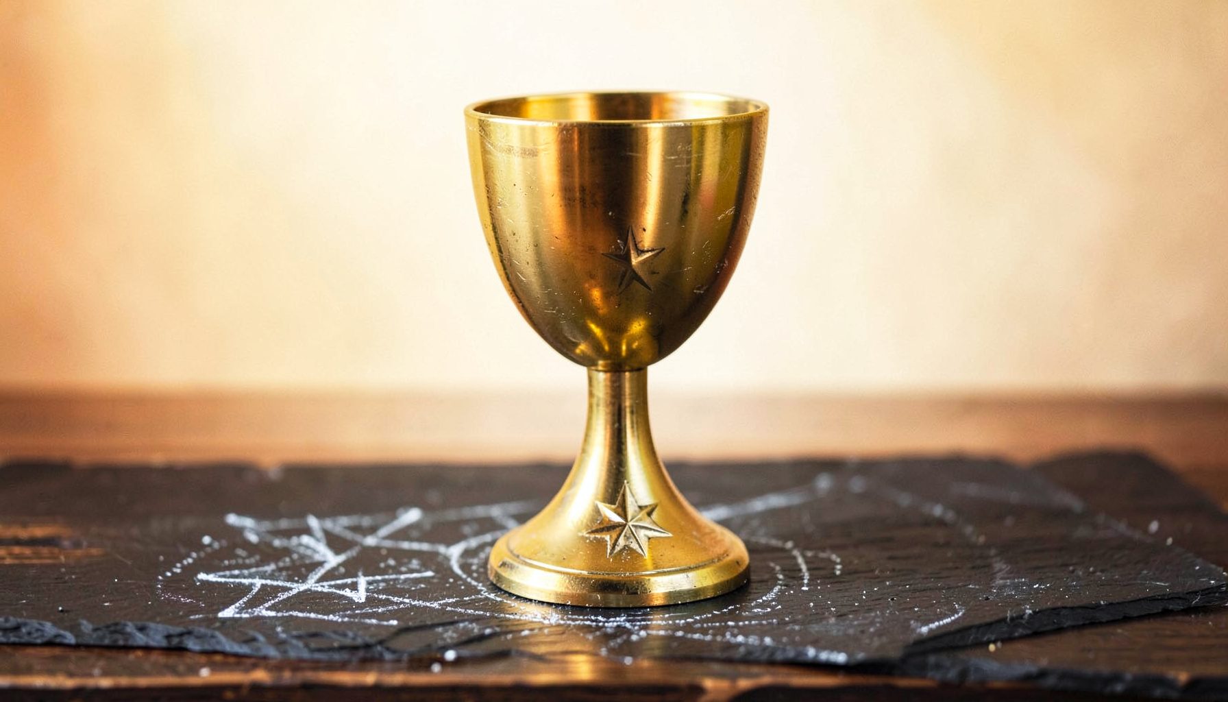 A gold trophy cup with a star emblem on its base, resting on a dark wooden surface against a softly lit background of warm amber and cream tones.