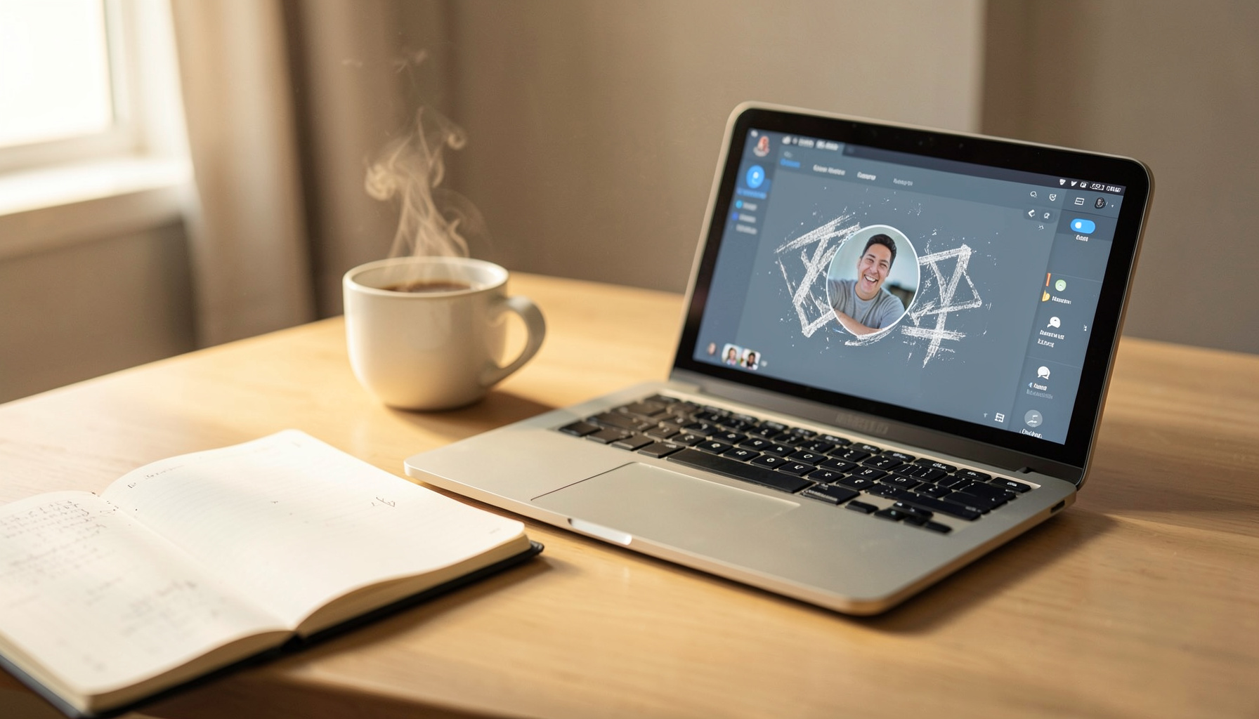 A warm, softly lit desk scene with an open notebook, a steaming coffee mug, and a laptop displaying a friendly video call interface, in calming cream and slate-blue tones.
