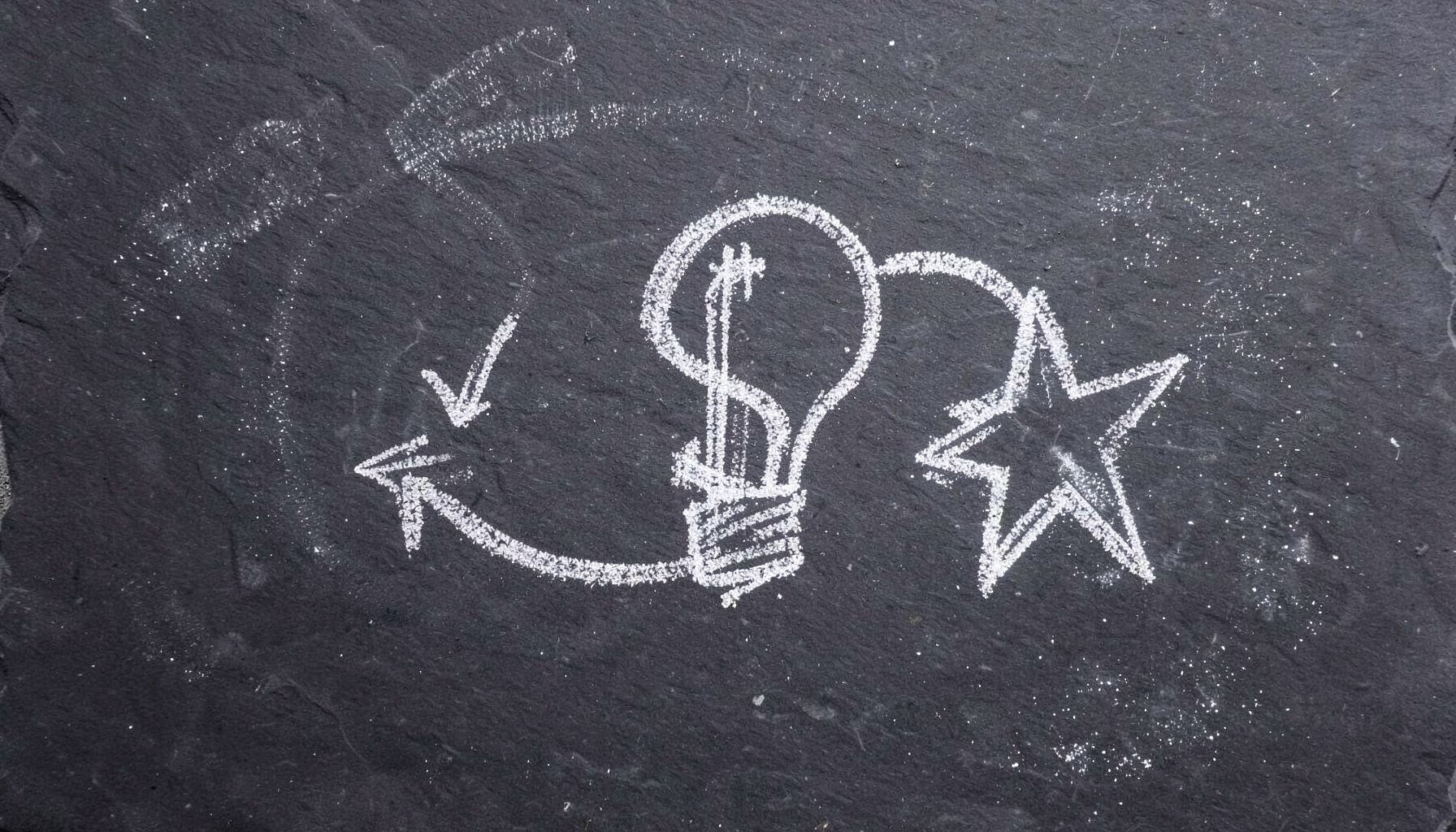 A chalk drawing on a dark slate board showing a lightbulb, a dollar sign, and a star connected by arrows, with soft smudges of white chalk dust around the edges.